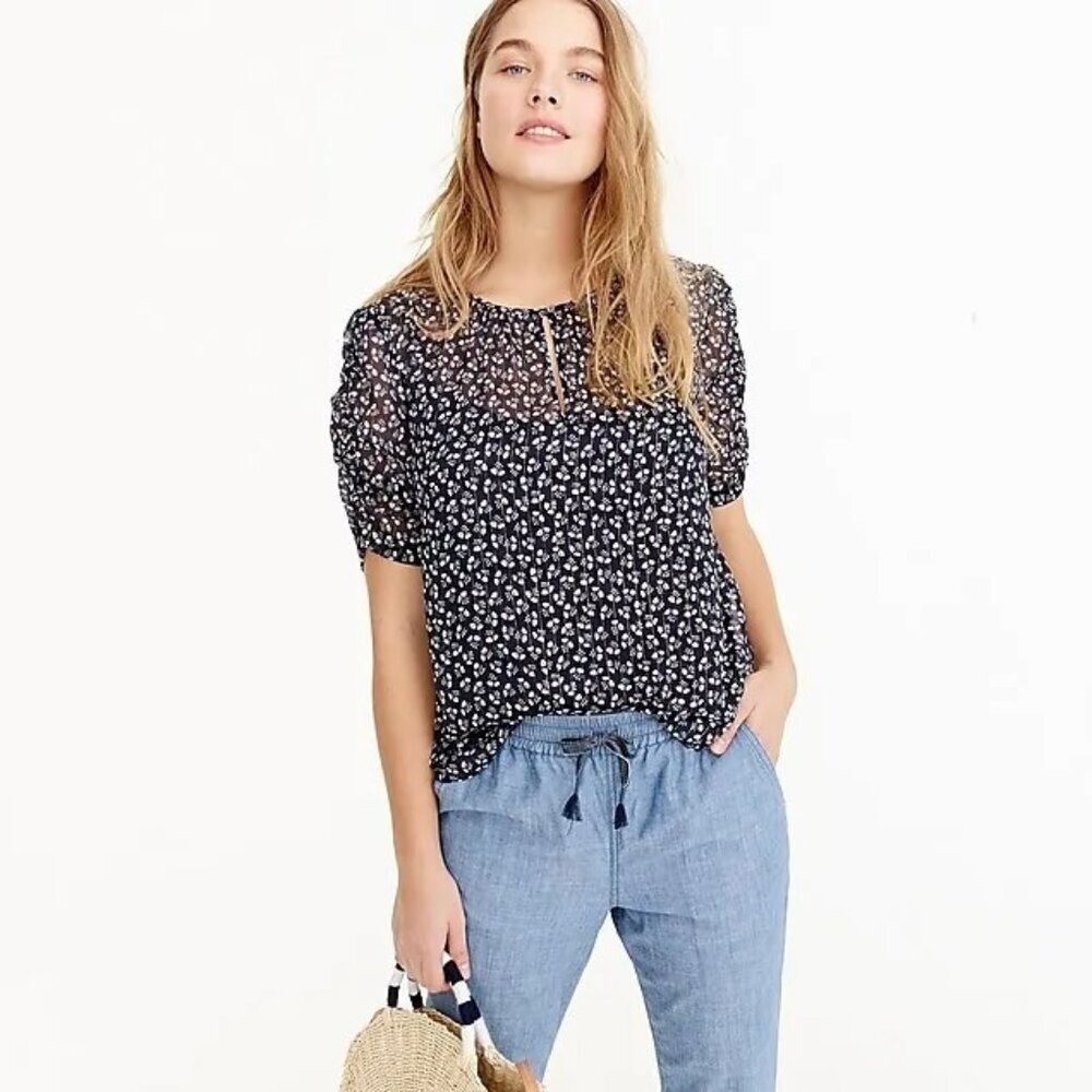 J.CREW Navy Blue Floral Metallic Sparkle Chiffon Ruched Sleeve Blouse, Size XS